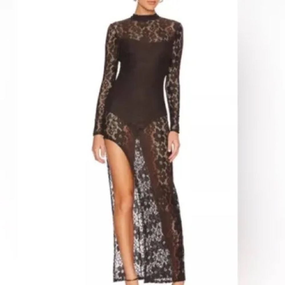 NBD Lace Everleigh Gown Chocolate Brown Long Sleeve Maxi Dress Large NWT - Picture 2 of 7